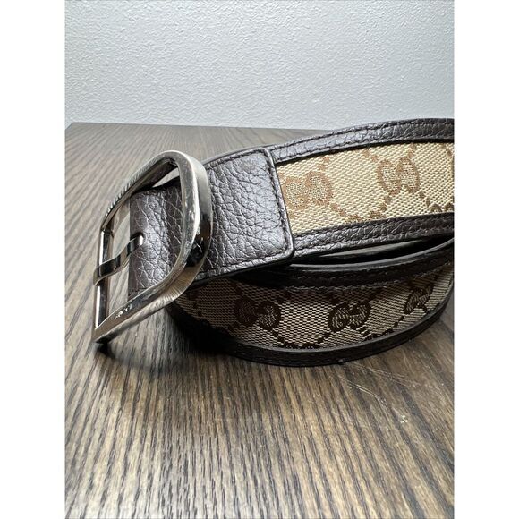 Gucci GG Canvas Mono Leather Palladium Silver Buckle Belt Brown Sz 34 - Picture 4 of 11